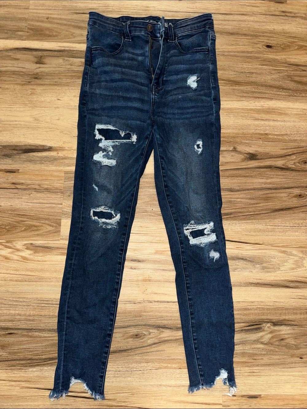 American Eagle Outfitters High Rise Dark Blue Ripped Skinny Jeans